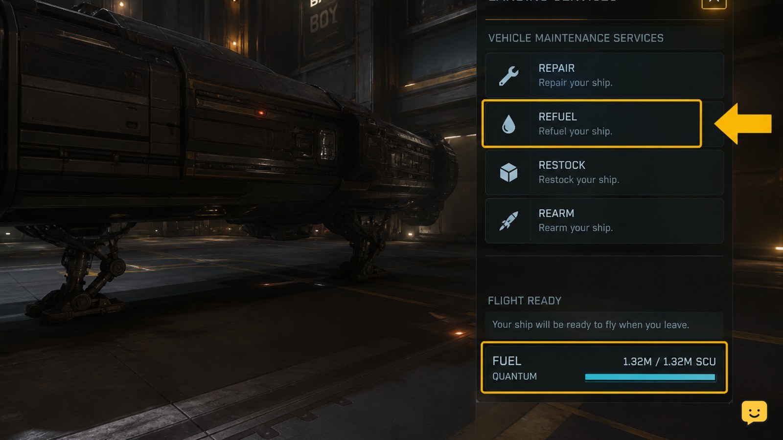 Star Citizen landing-service screen showing the Refuel option and fuel indicator