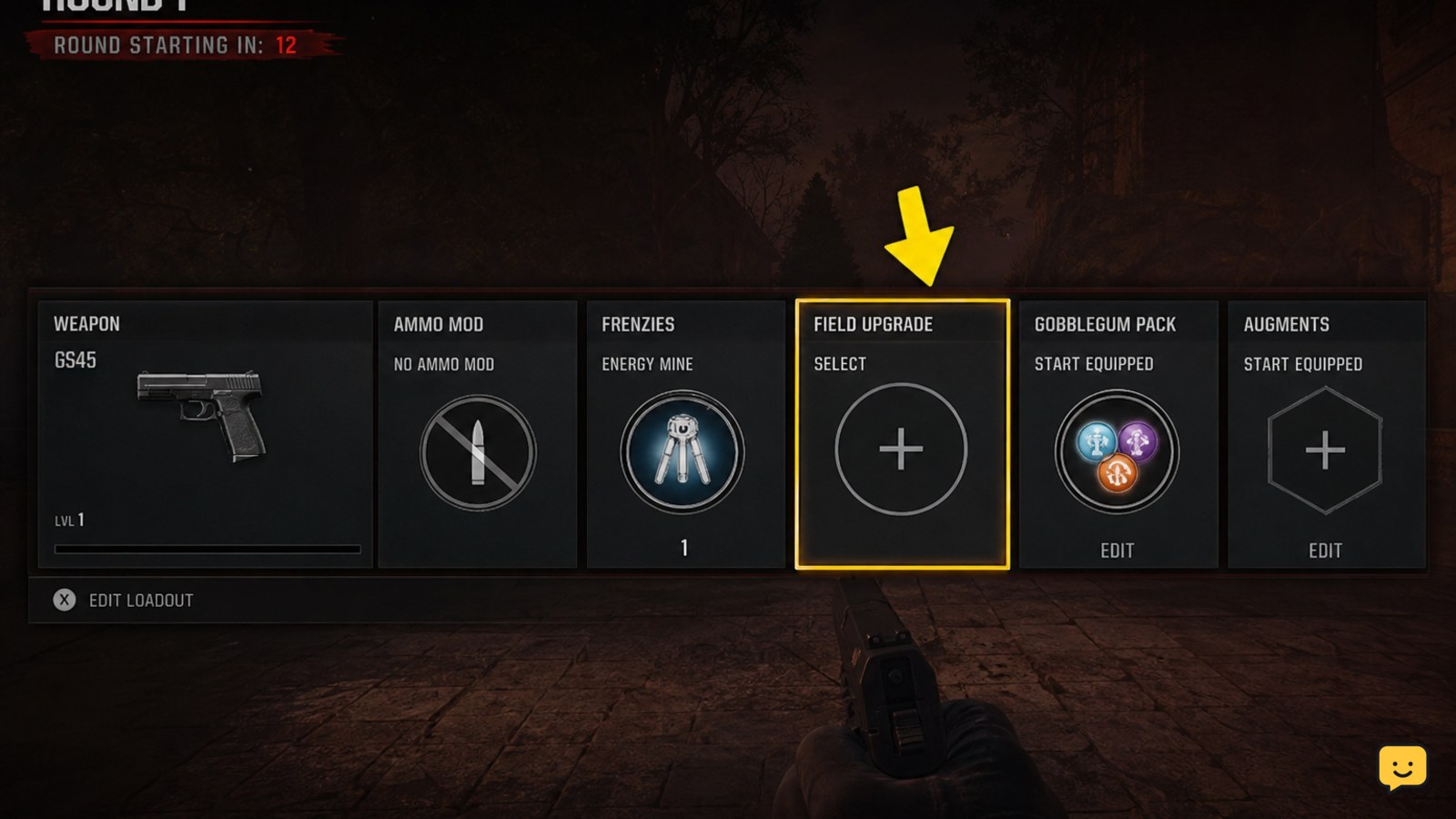 Black Ops 7 Zombies opening-round loadout screen with the editable Field Upgrade slot highlighted