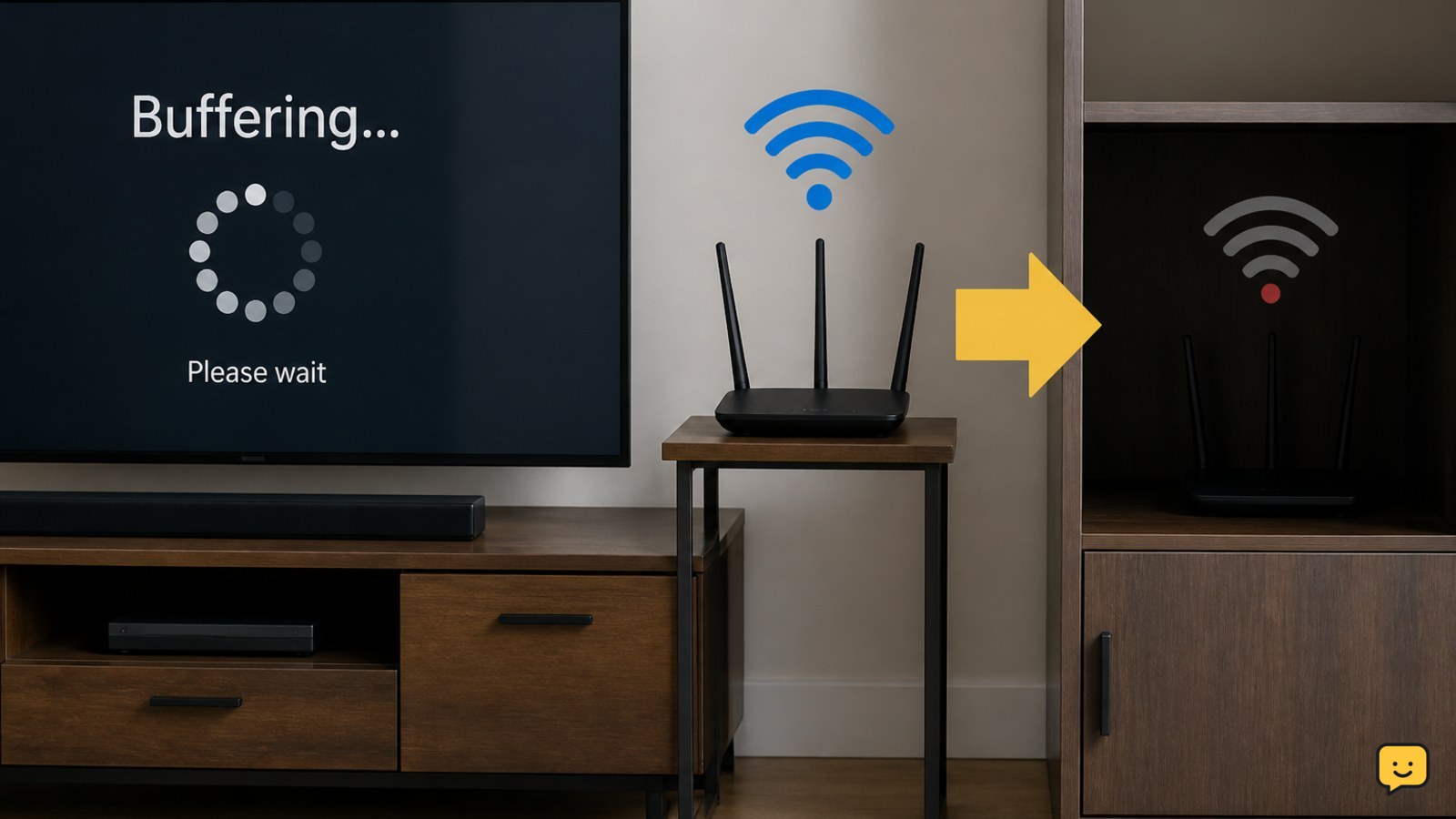 Router placed in an open central location away from cabinet walls and large obstructions