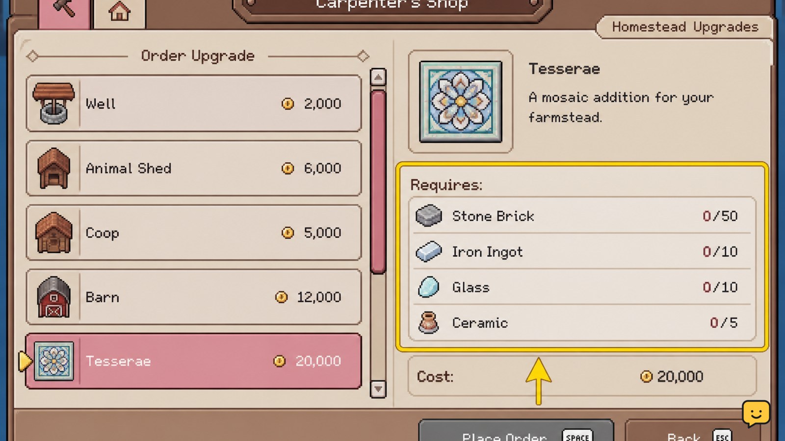 Fields of Mistria Carpenter's Shop upgrade project requirements screen highlighted before confirmation