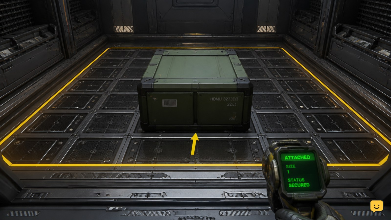 A cargo crate rests flat and centered on a Star Citizen ship cargo grid inside the hold.