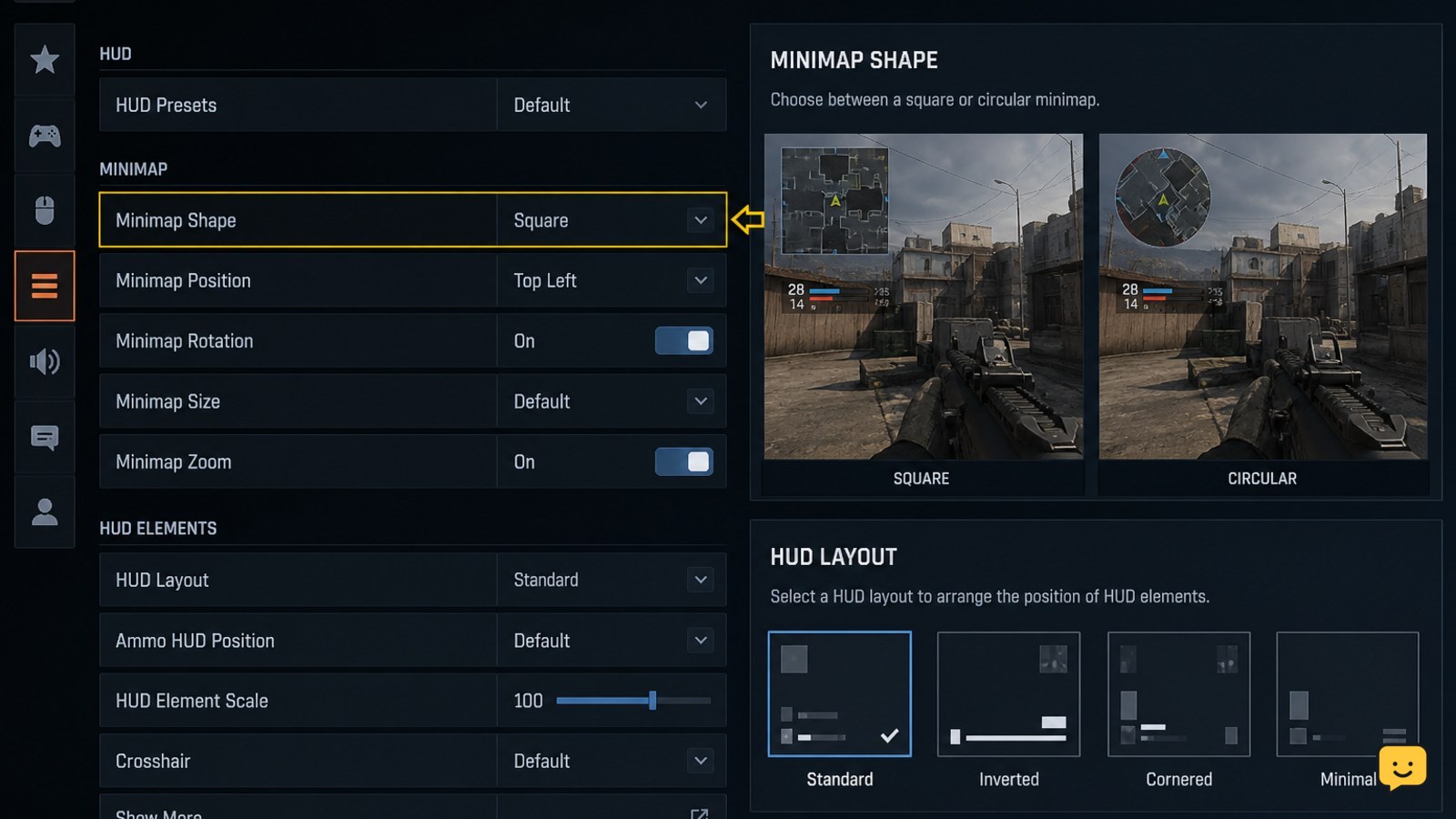 Black Ops 7 Gameplay HUD menu with minimap position and HUD layout controls highlighted