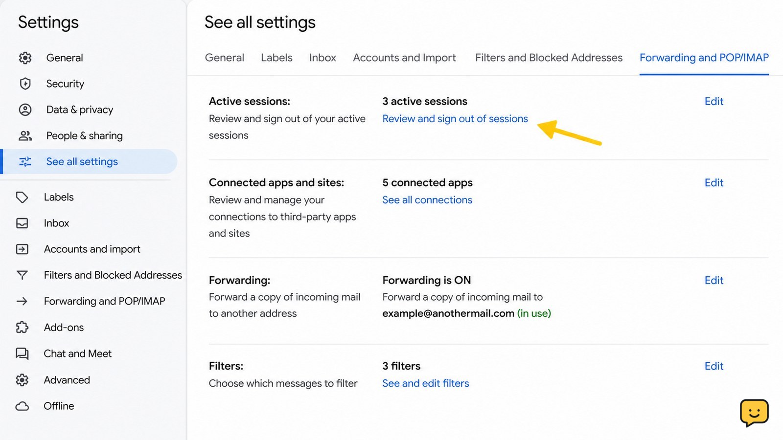 Email account security settings showing active sessions, connected apps, forwarding, and filters to review