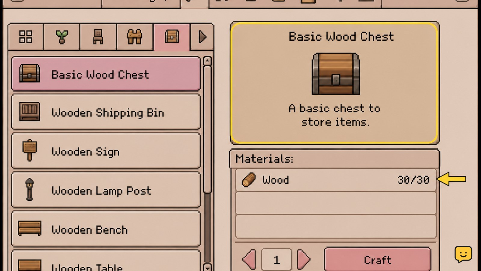 The Fields of Mistria crafting menu showing the Basic Wood Chest recipe and 30 Wood requirement