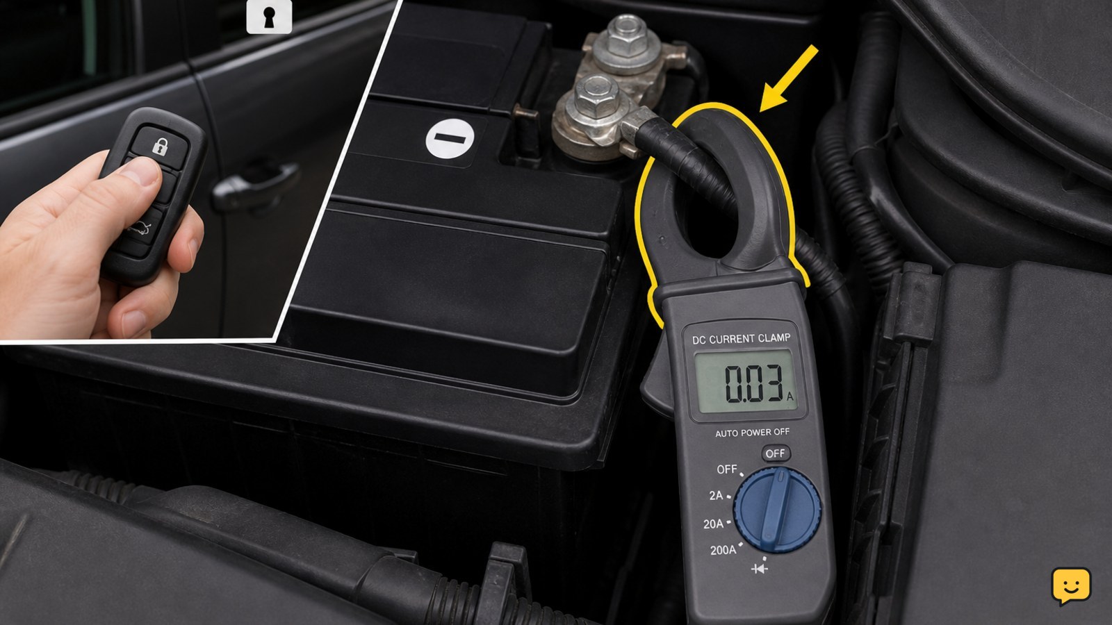 Current clamp measuring a car's negative battery cable while the vehicle is locked