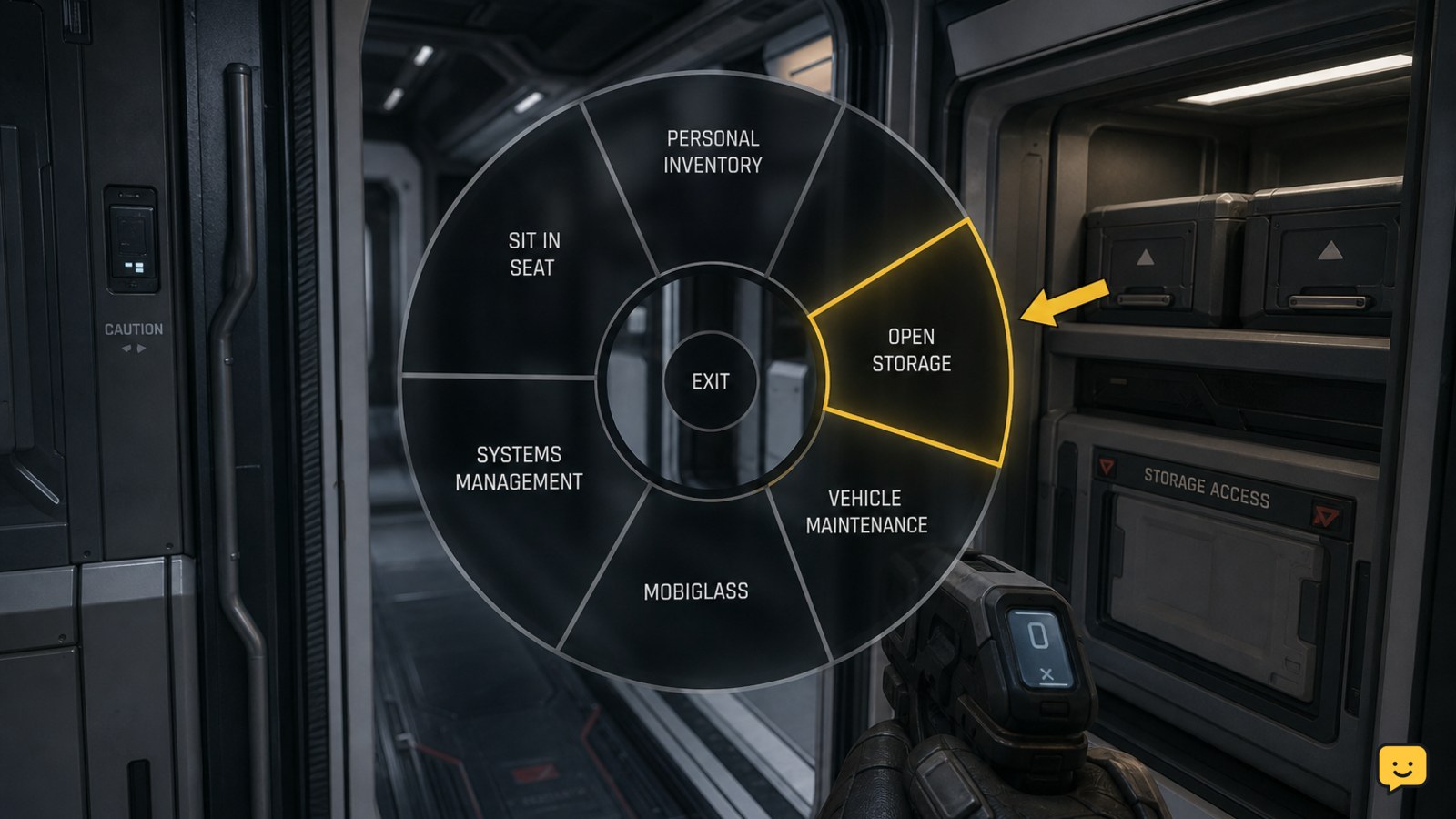 Star Citizen interaction menu showing a storage-related option inside a ship