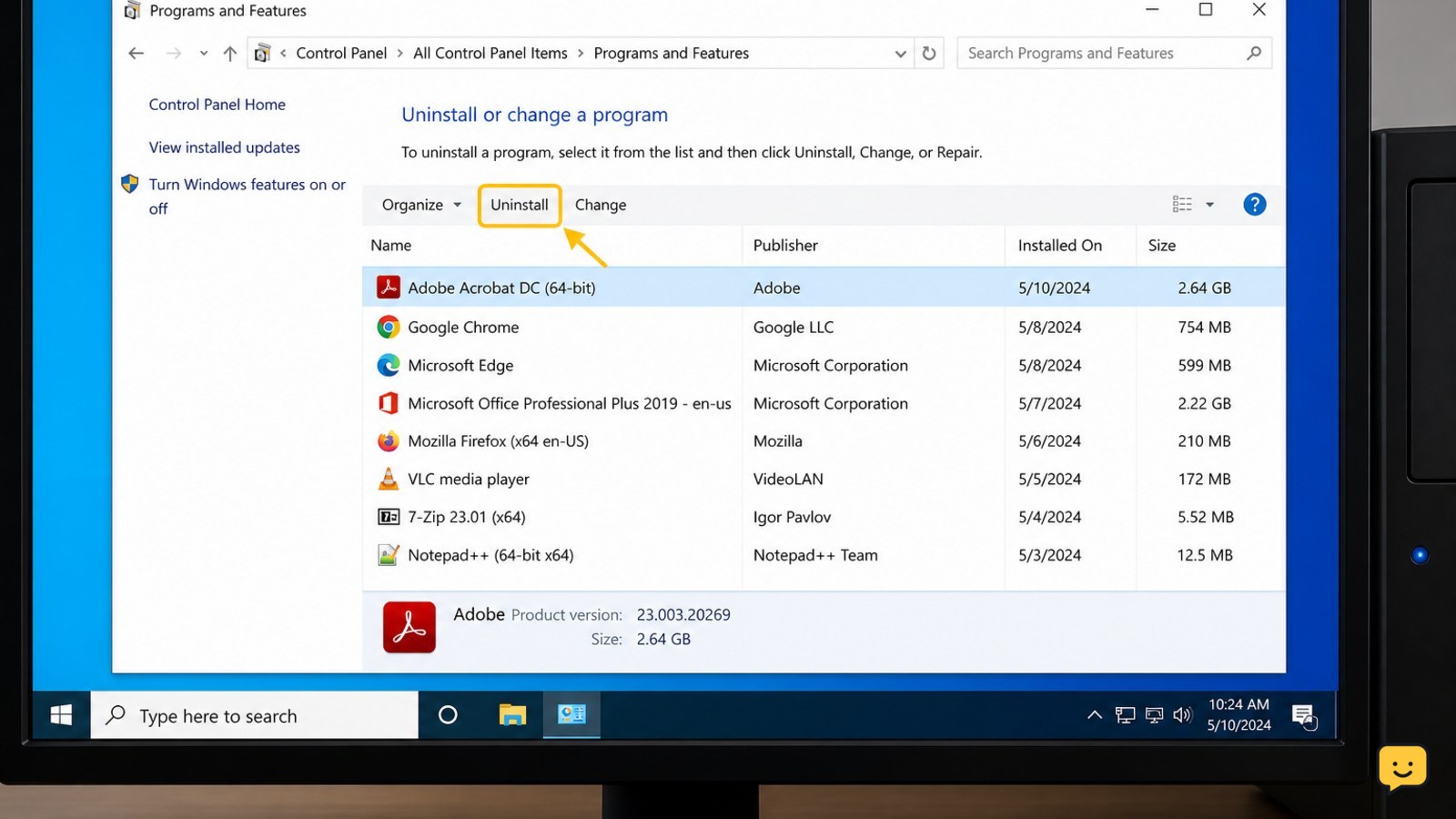 Control Panel Programs and Features window with one program selected and the Uninstall command available