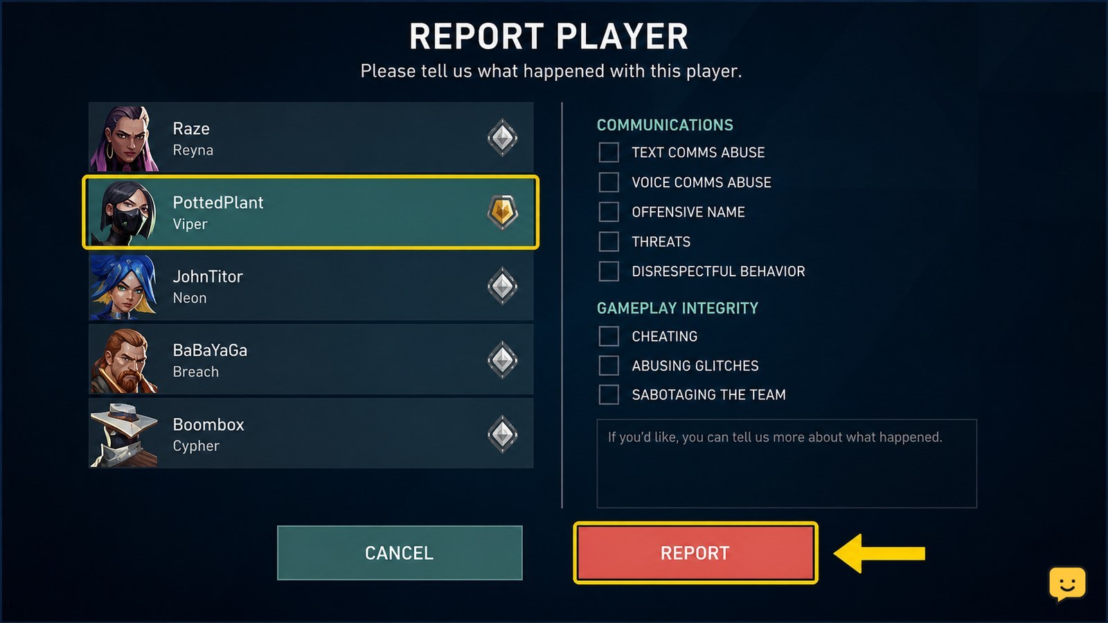VALORANT reporting screen with a player name selected and the Report option visible