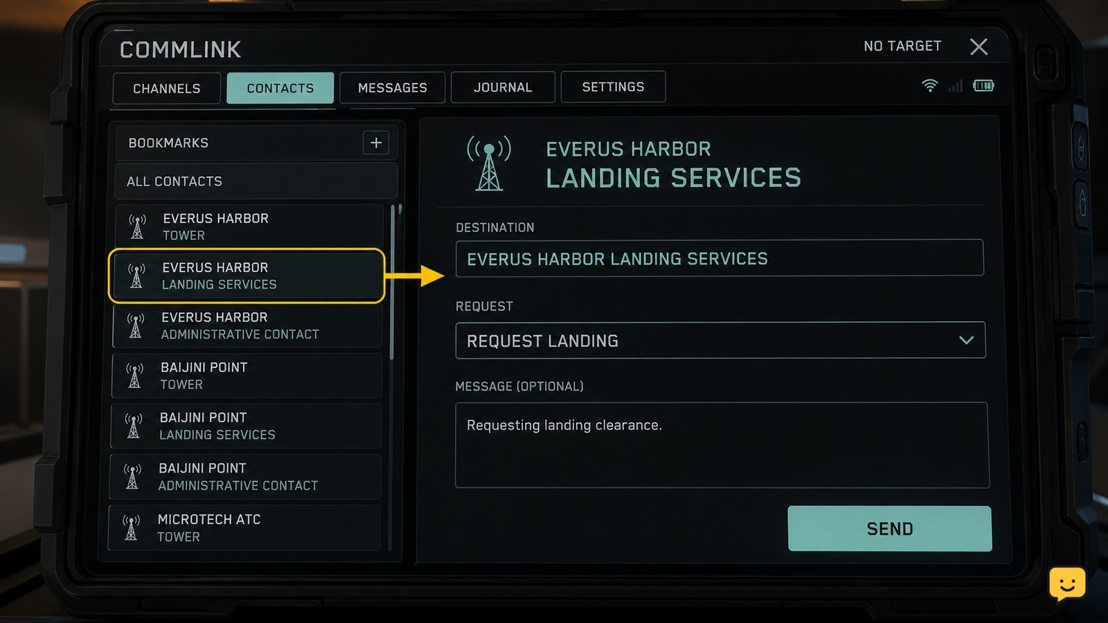 Star Citizen Commlink showing a destination traffic-control contact for a landing request