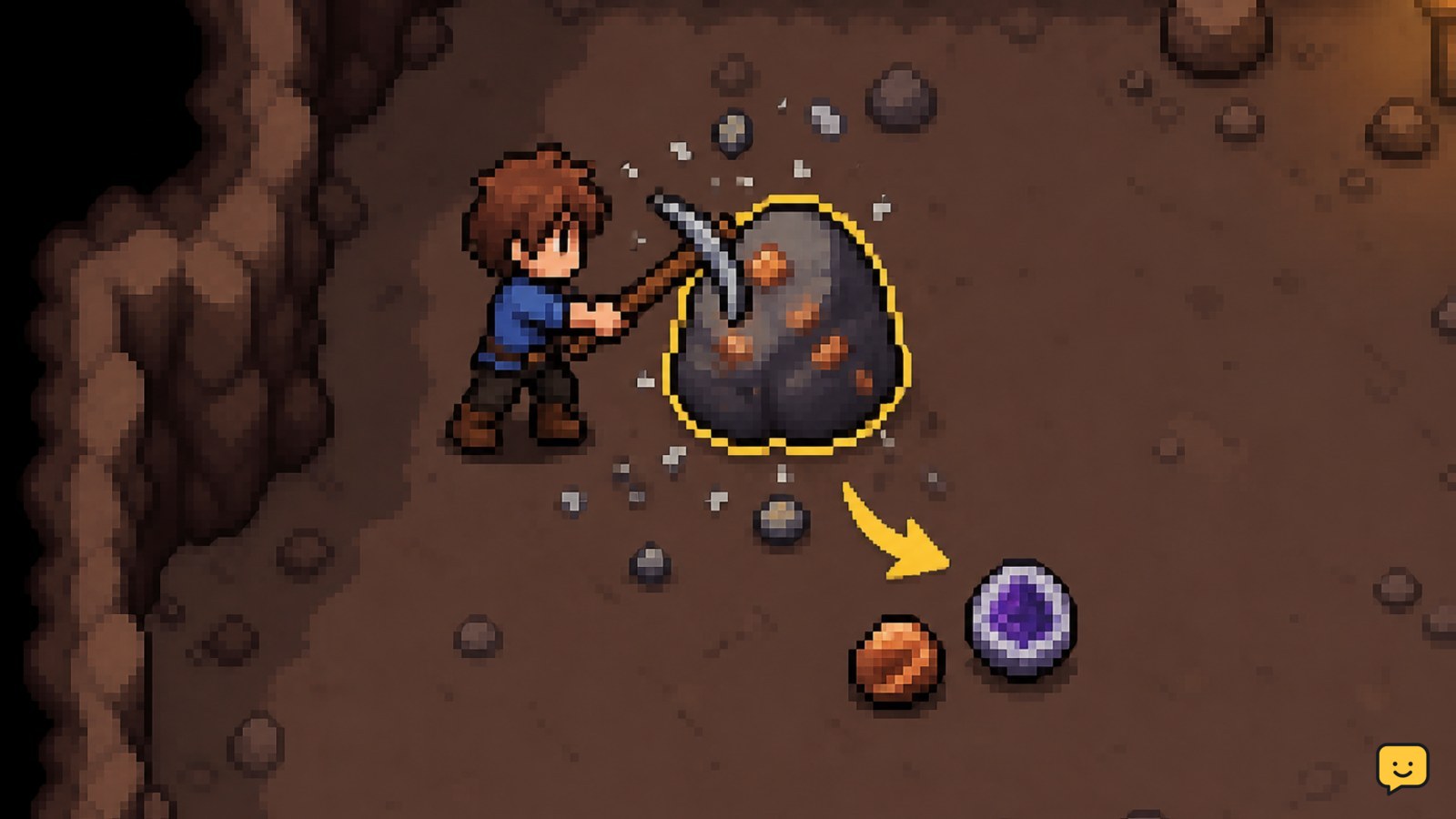 Fields of Mistria character breaking an ore rock with a pickaxe