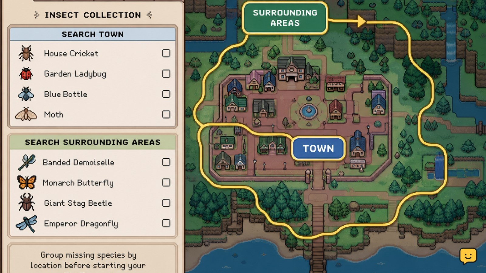 Fields of Mistria outdoor bug-hunting route with town and surrounding-area search points highlighted