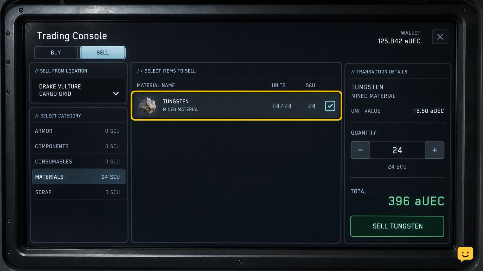 Star Citizen trading kiosk sell screen with mined material listed and quantity selected