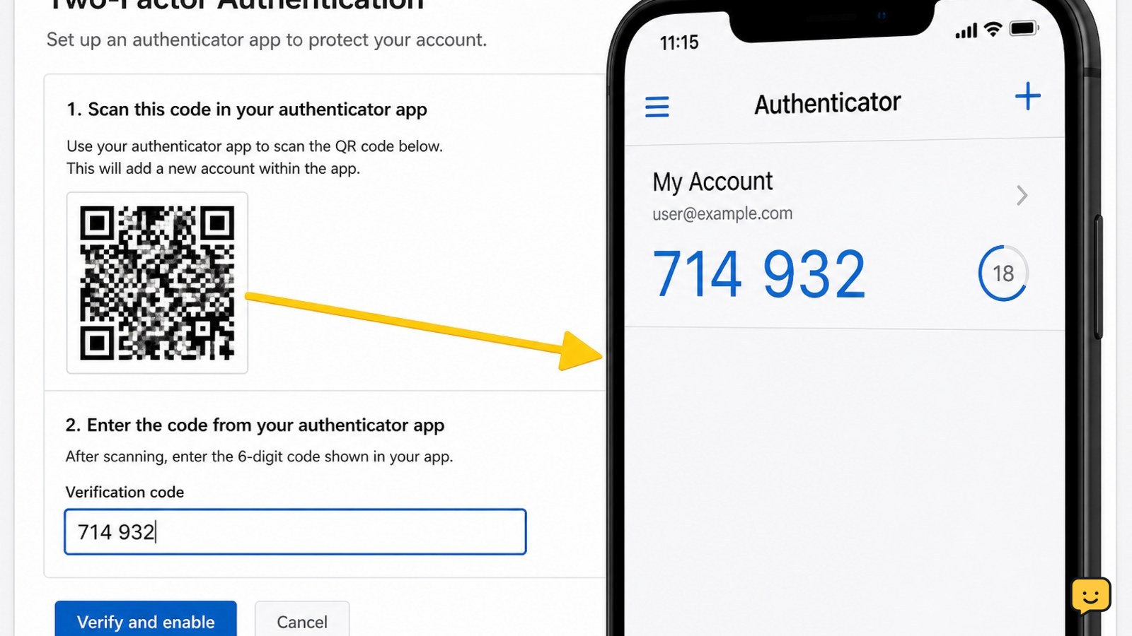 Authenticator app setup screen with a QR code and verification code field