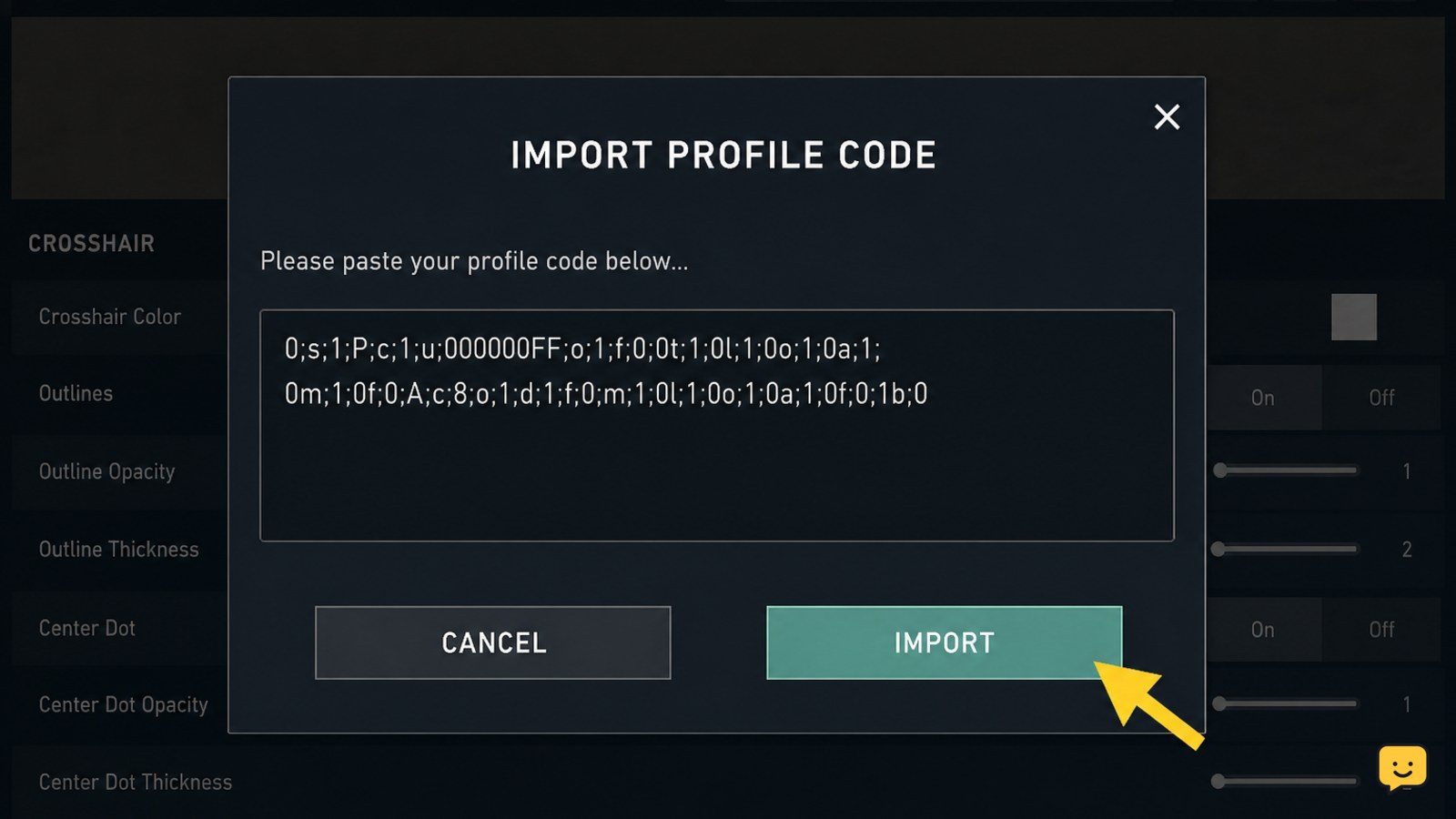 VALORANT Import Profile Code dialog with a code in the text box and confirmation button