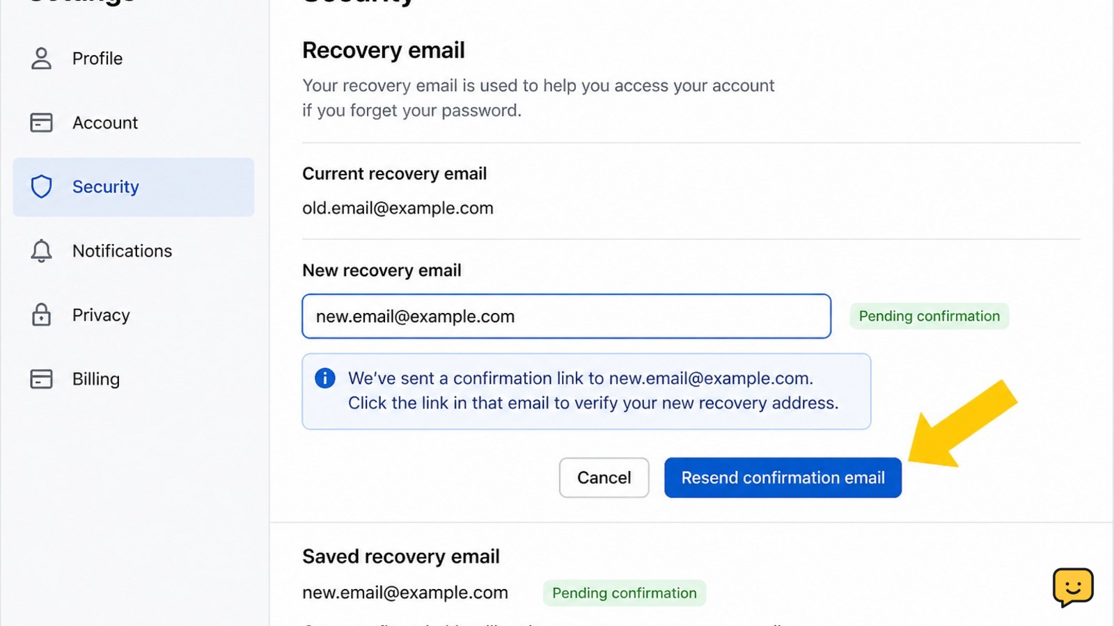 Account recovery email confirmation screen showing the new address awaiting verification