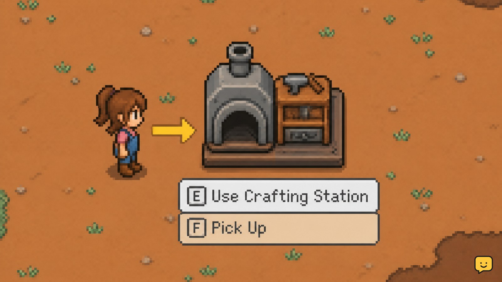 Fields of Mistria crafting station placed on an open farm tile