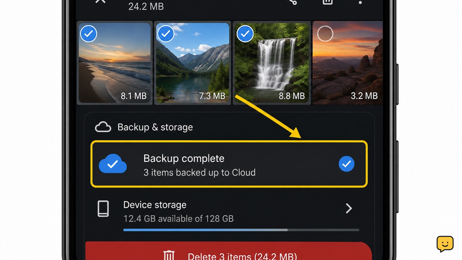 Phone photo storage screen with backup status checked before selected files are deleted