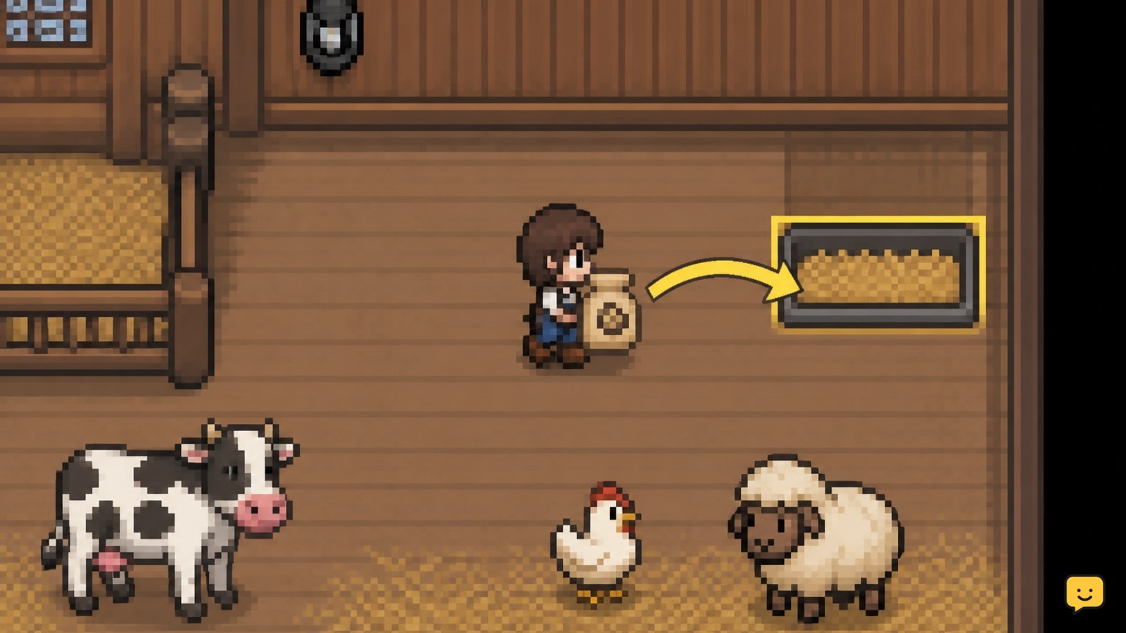 Fields of Mistria animal feed placed in a barn or coop feeding area