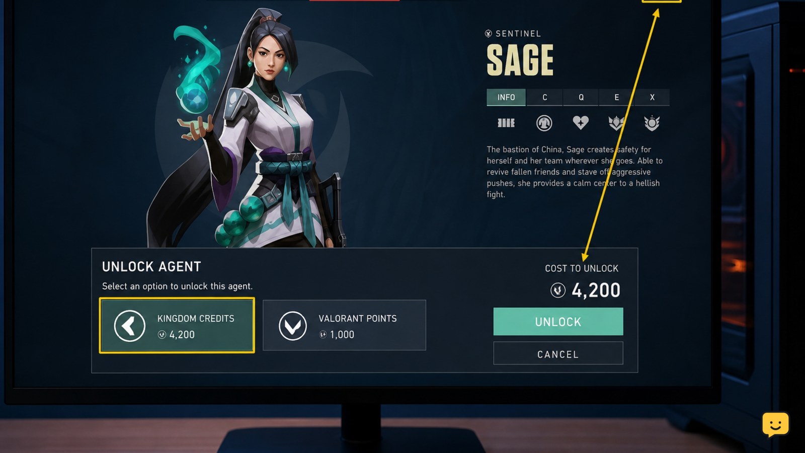 VALORANT agent acquisition panel showing Kingdom Credits balance and free purchase option