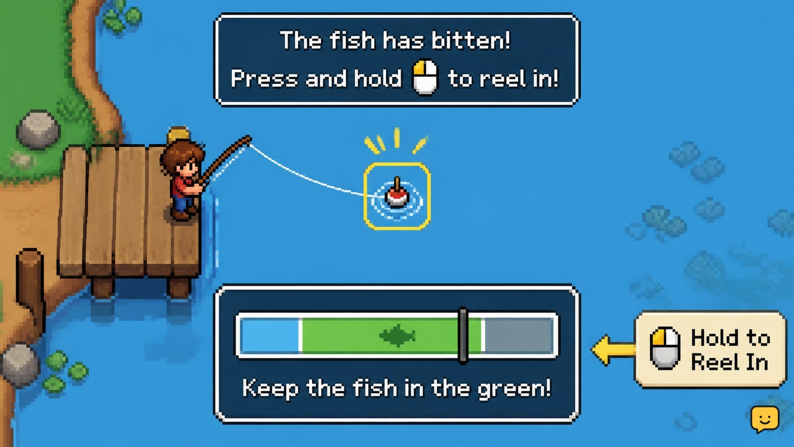 Fields of Mistria fishing bite prompt and reel minigame state