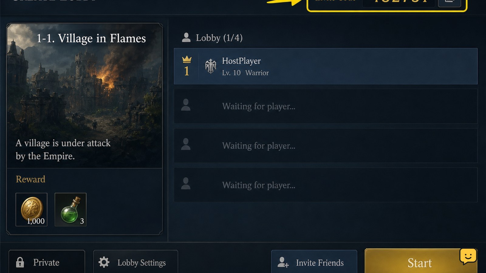 Dragon Sword Awakening lobby screen with six-digit Invite Code highlighted