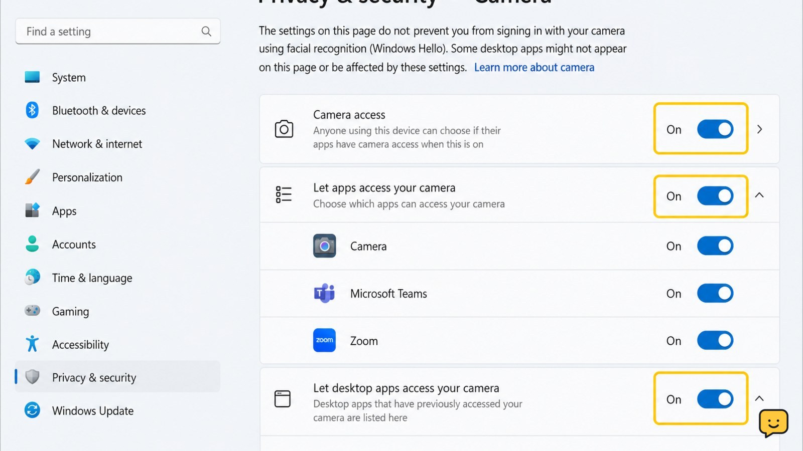 Windows Camera privacy settings with camera access controls enabled