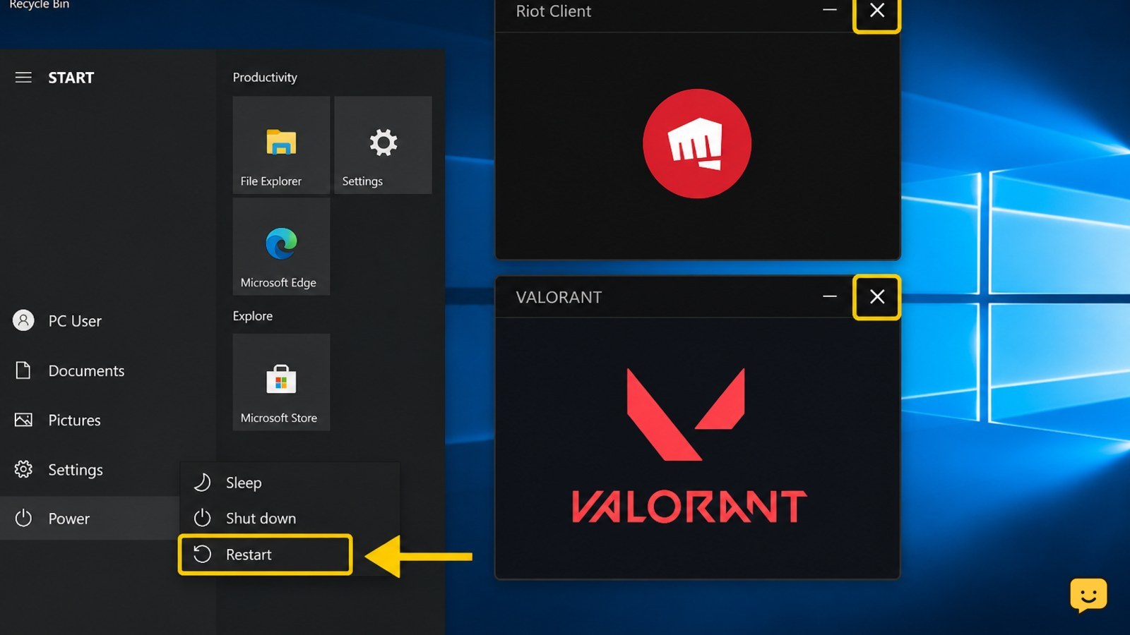 Windows desktop showing VALORANT and Riot Client closed before a full PC restart