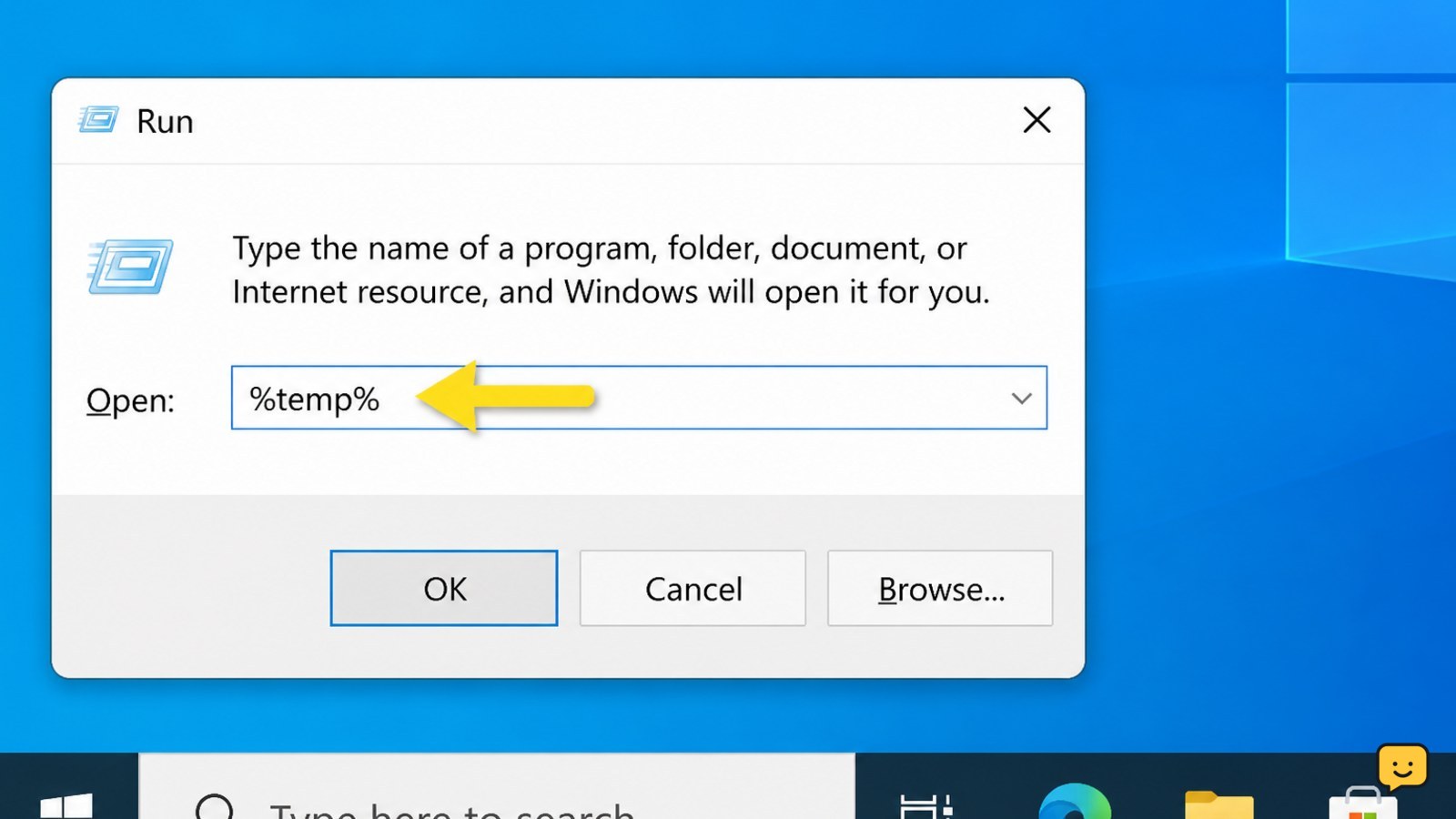 Windows Run dialog containing the percent temp percent path