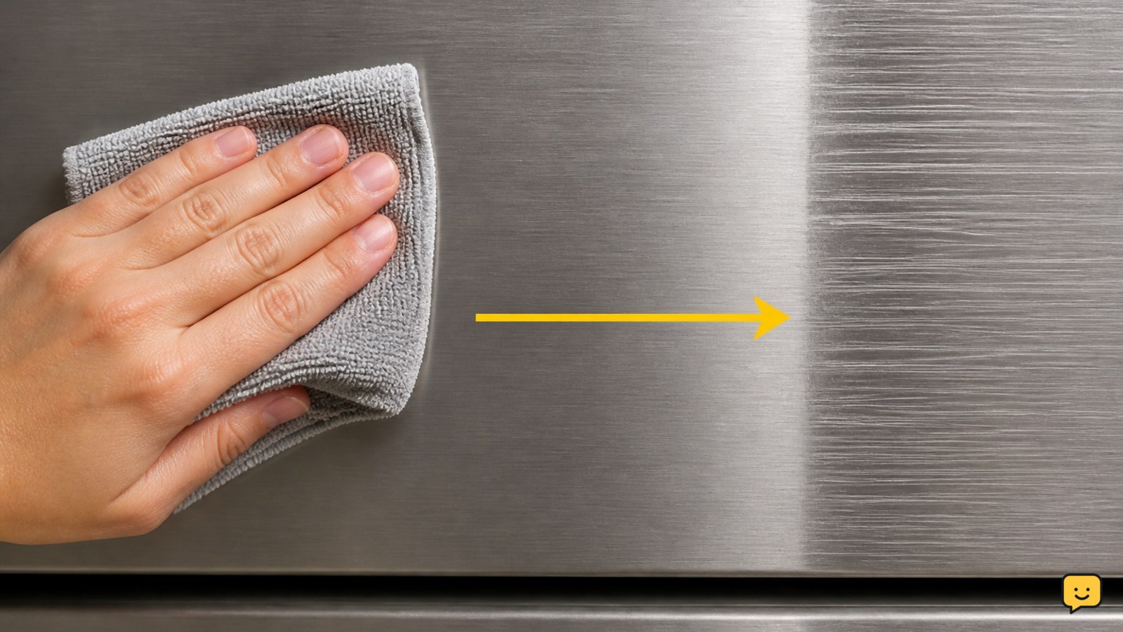 Microfiber cloth wiping a brushed stainless-steel panel in the direction of the grain