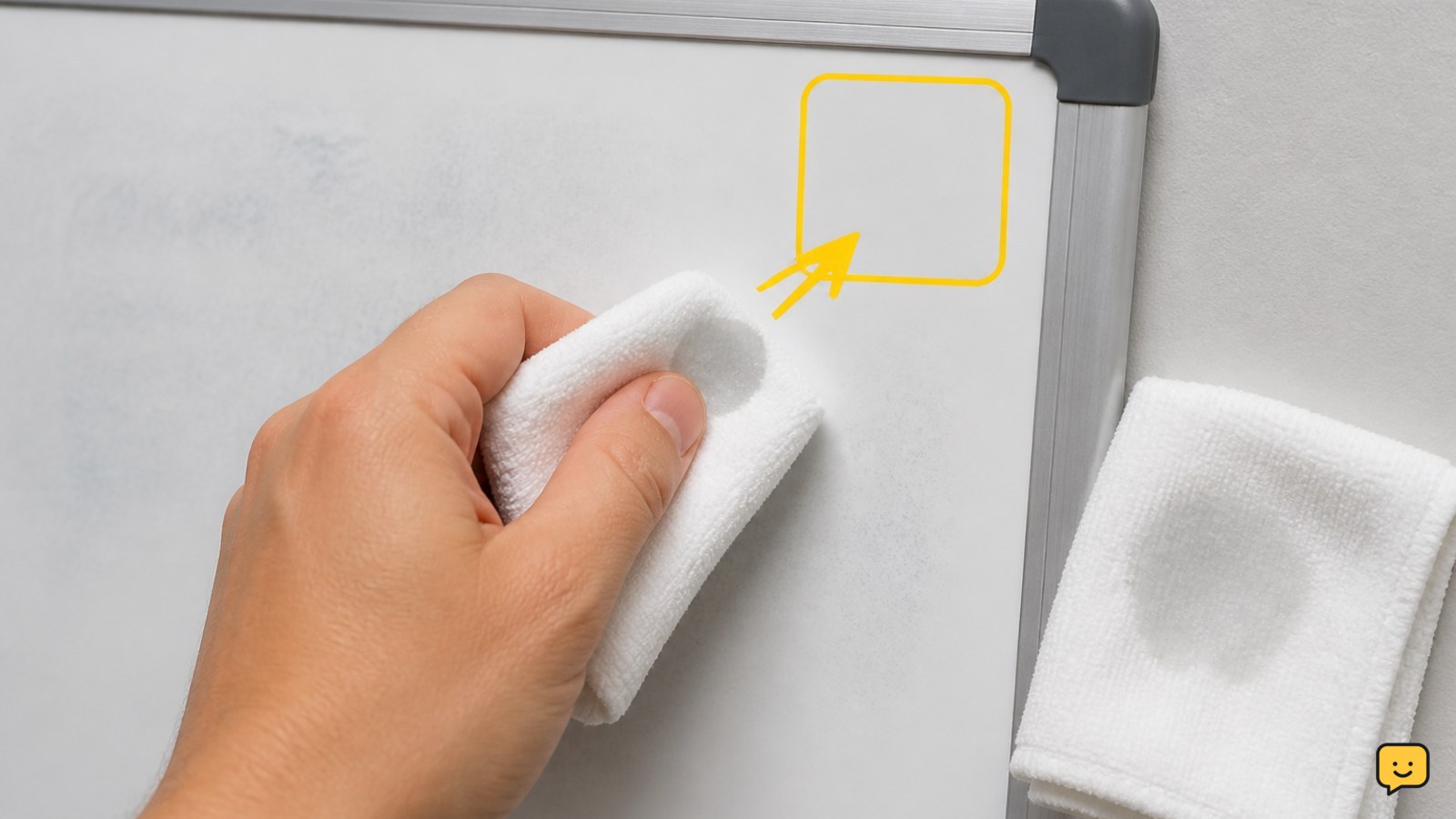 Hand applying a small amount of isopropyl alcohol to a cloth while testing a corner of a whiteboard