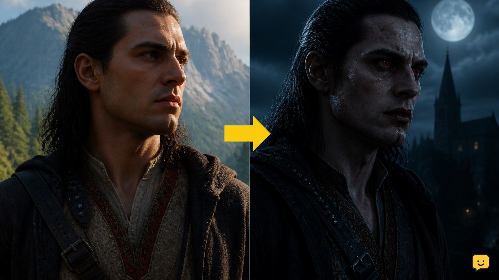 Side-by-side comparison of Coen’s human-by-day and vampire-by-night presentation