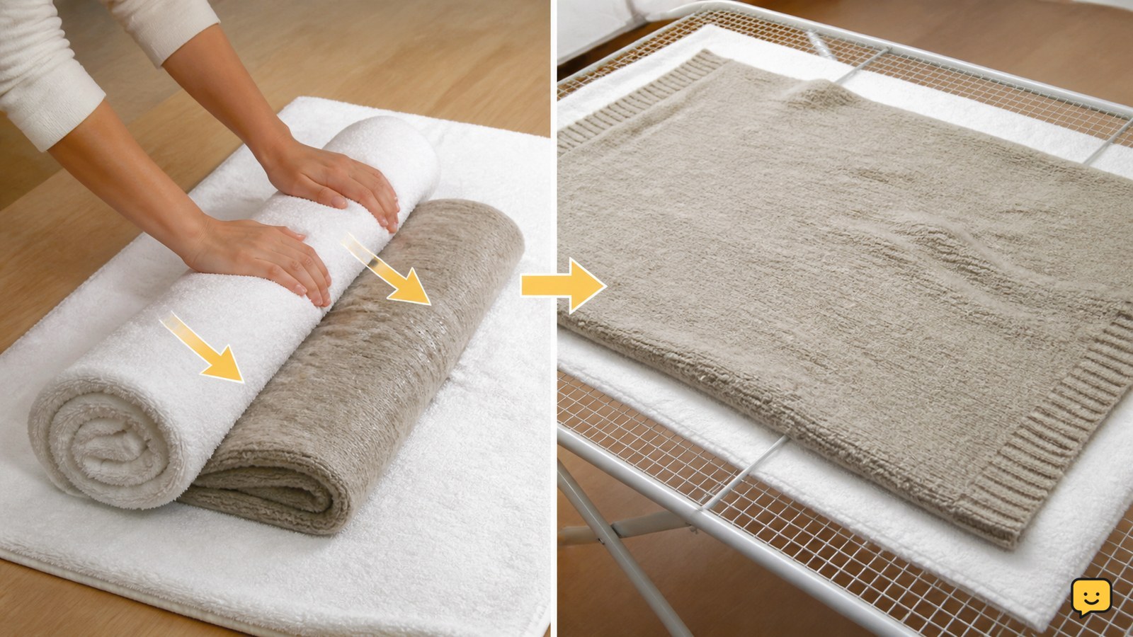 Wet wool blanket supported on towels and laid flat on a mesh drying rack