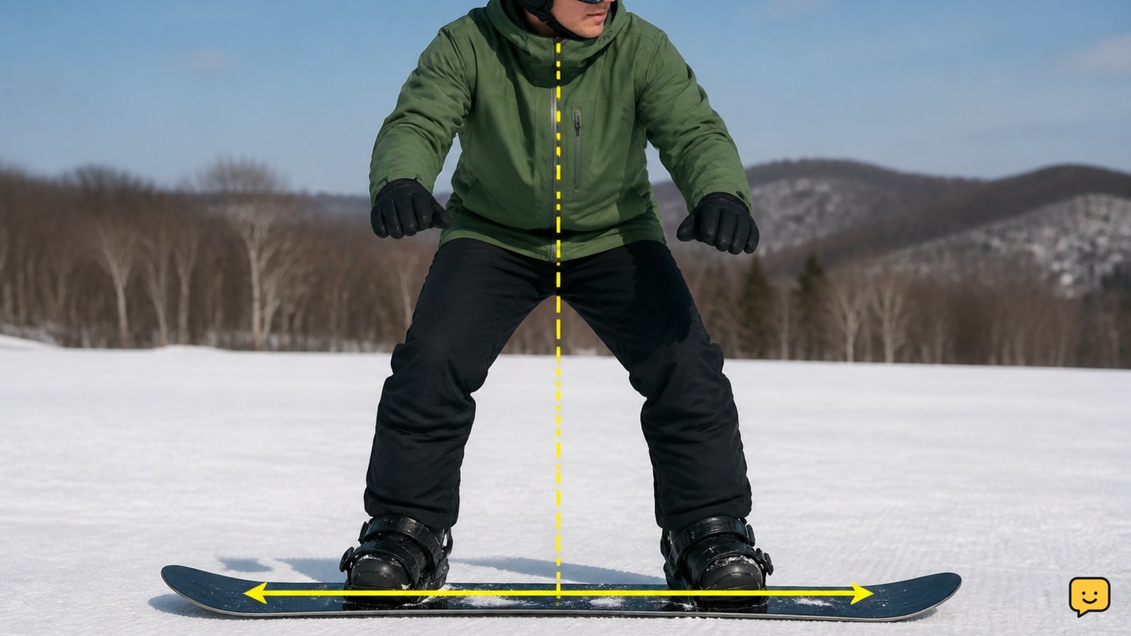 Snowboarder demonstrating a balanced sideways stance with bent knees and centered weight