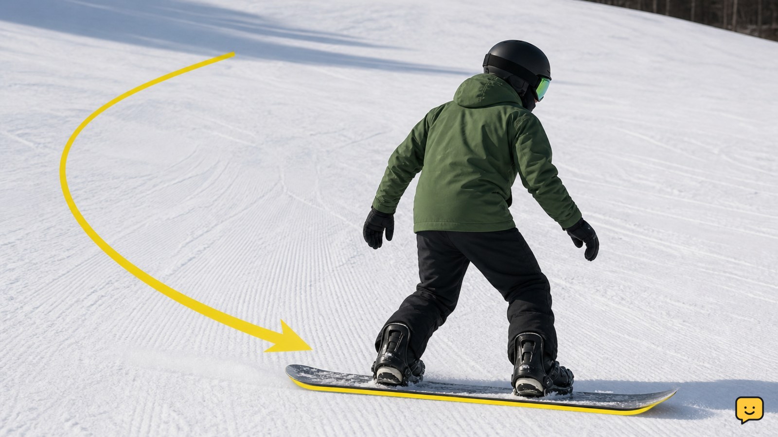 Beginner snowboarder completing a heel-side J-turn and stopping across the slope