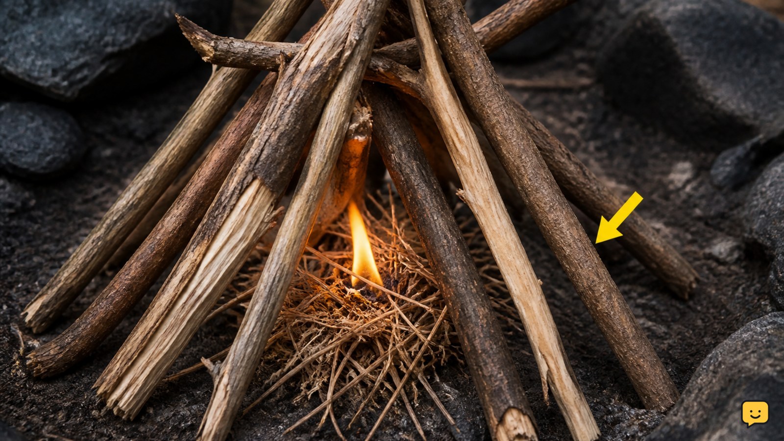 Close instructional view of a loose teepee campfire structure with tinder in the center and air gaps between kindling sticks