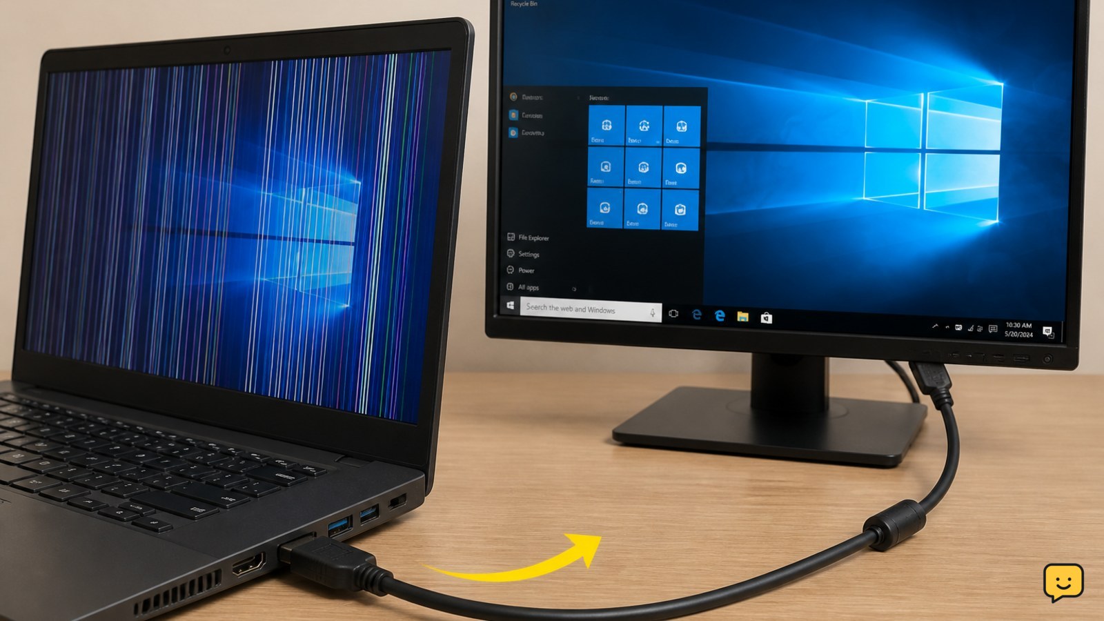 Laptop connected to an external monitor with the laptop screen showing lines and the external monitor showing a clear image