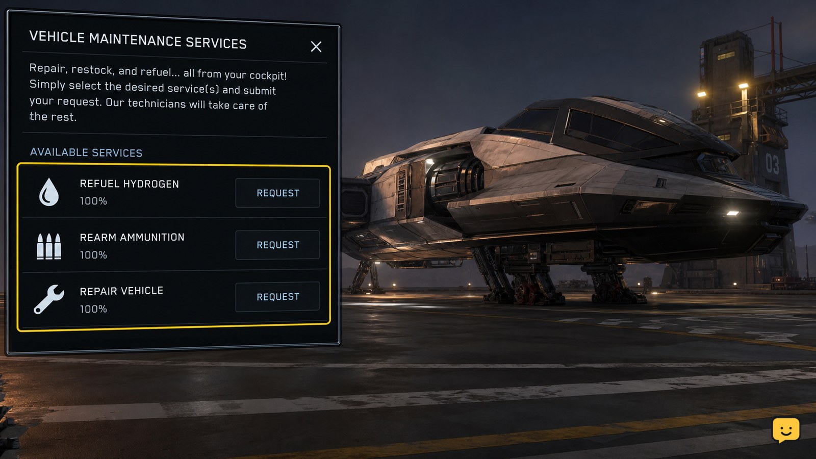 A landed Star Citizen ship with the vehicle maintenance service controls open for fuel, ammunition, and repair