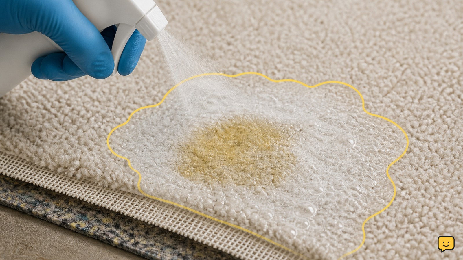 Close view of enzyme cleaner being applied across and slightly beyond a carpet urine stain
