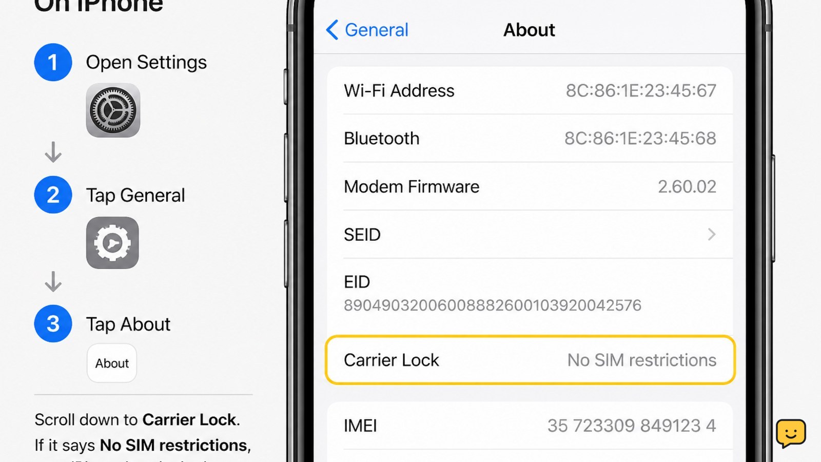 iPhone About settings screen with Carrier Lock set to No SIM restrictions