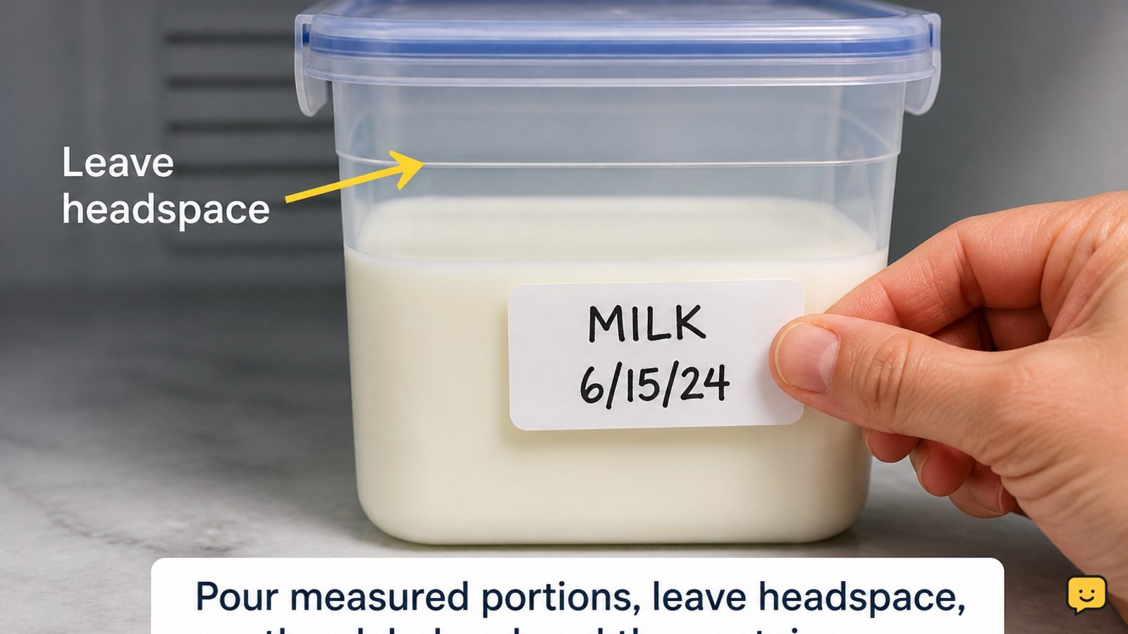 Milk being poured into a labeled freezer-safe container with space left at the top
