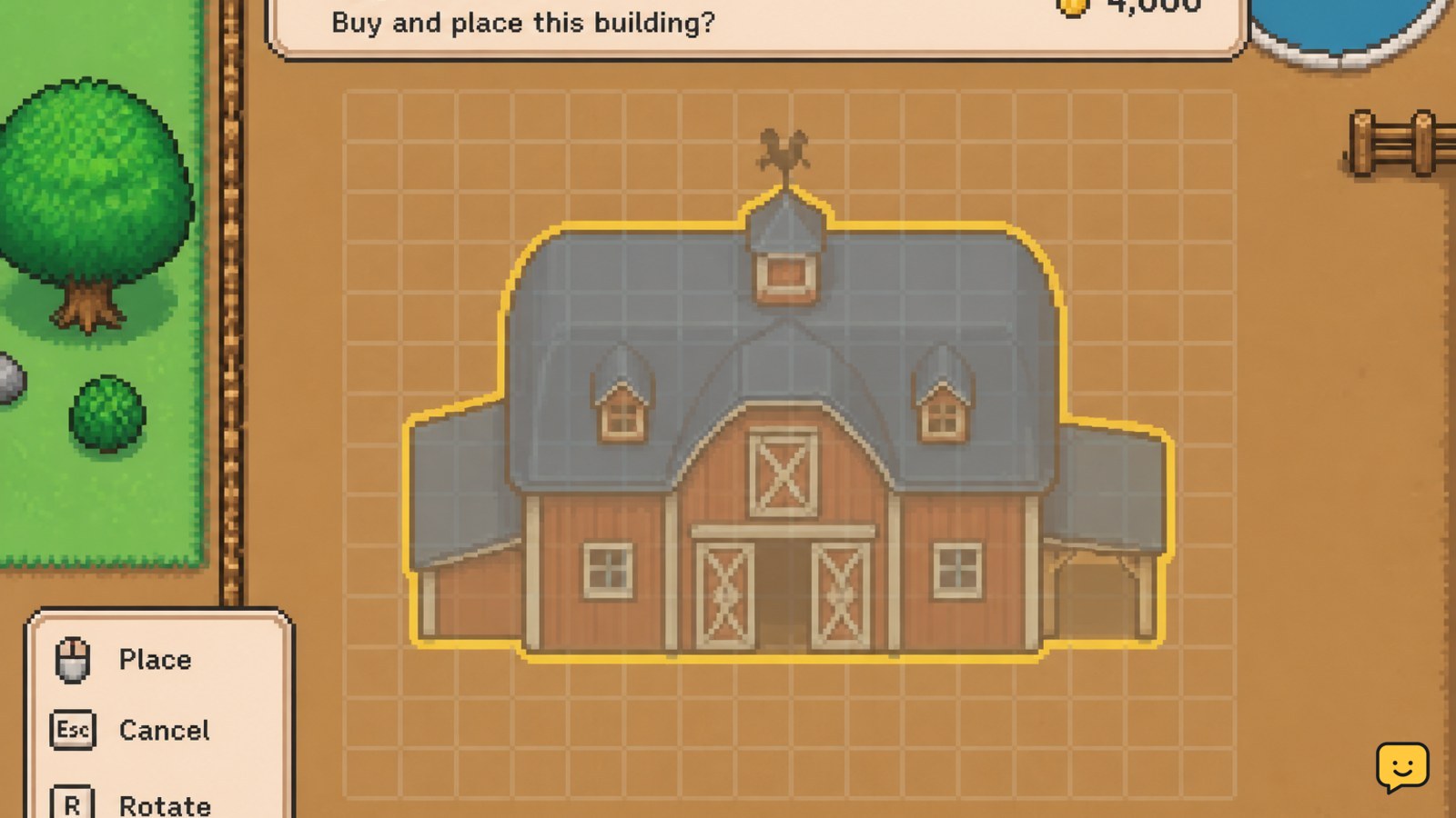 Fields of Mistria upgraded barn footprint positioned on clear farm tiles