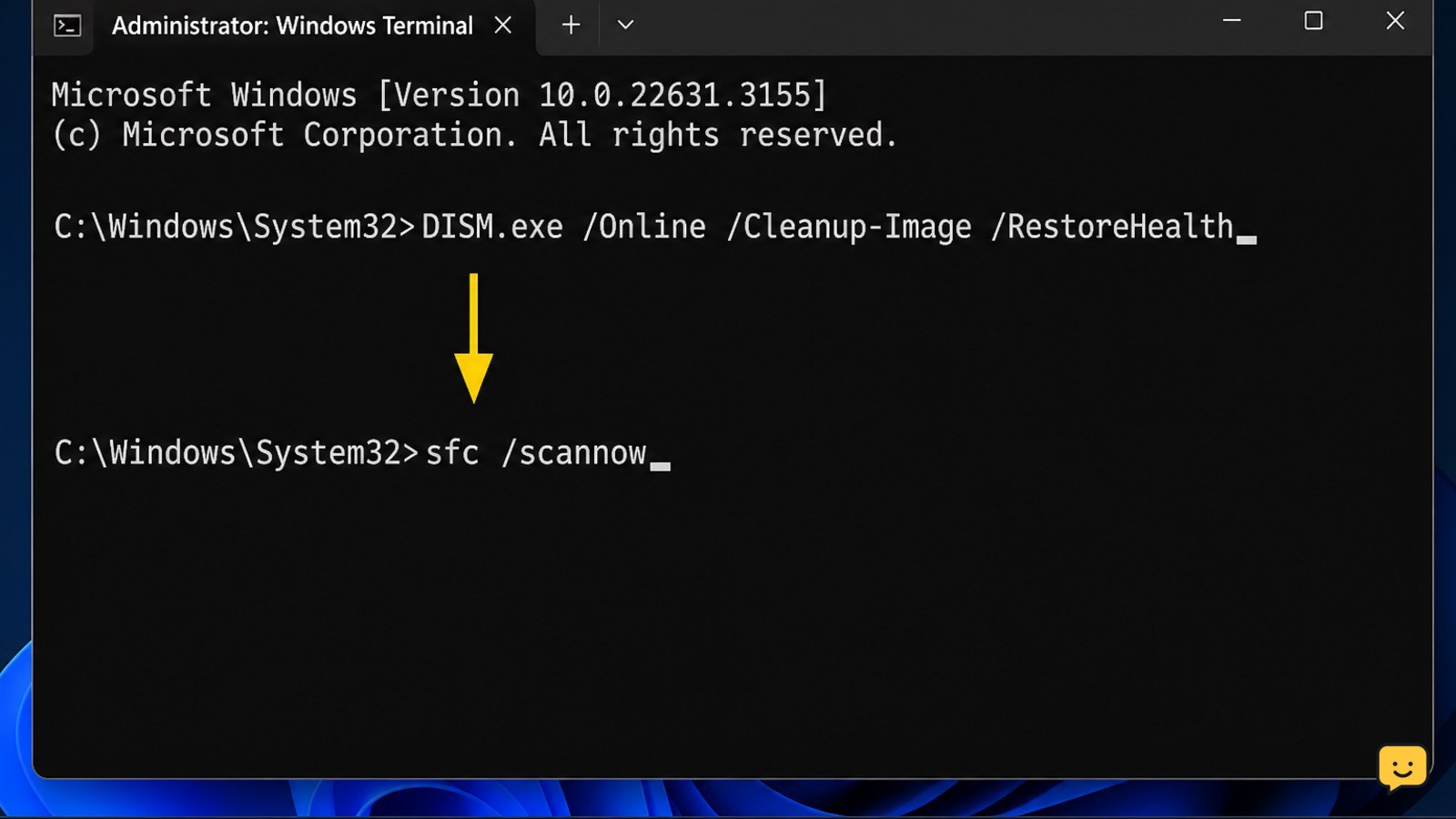 Administrator Windows Terminal displaying the DISM command followed by the System File Checker command
