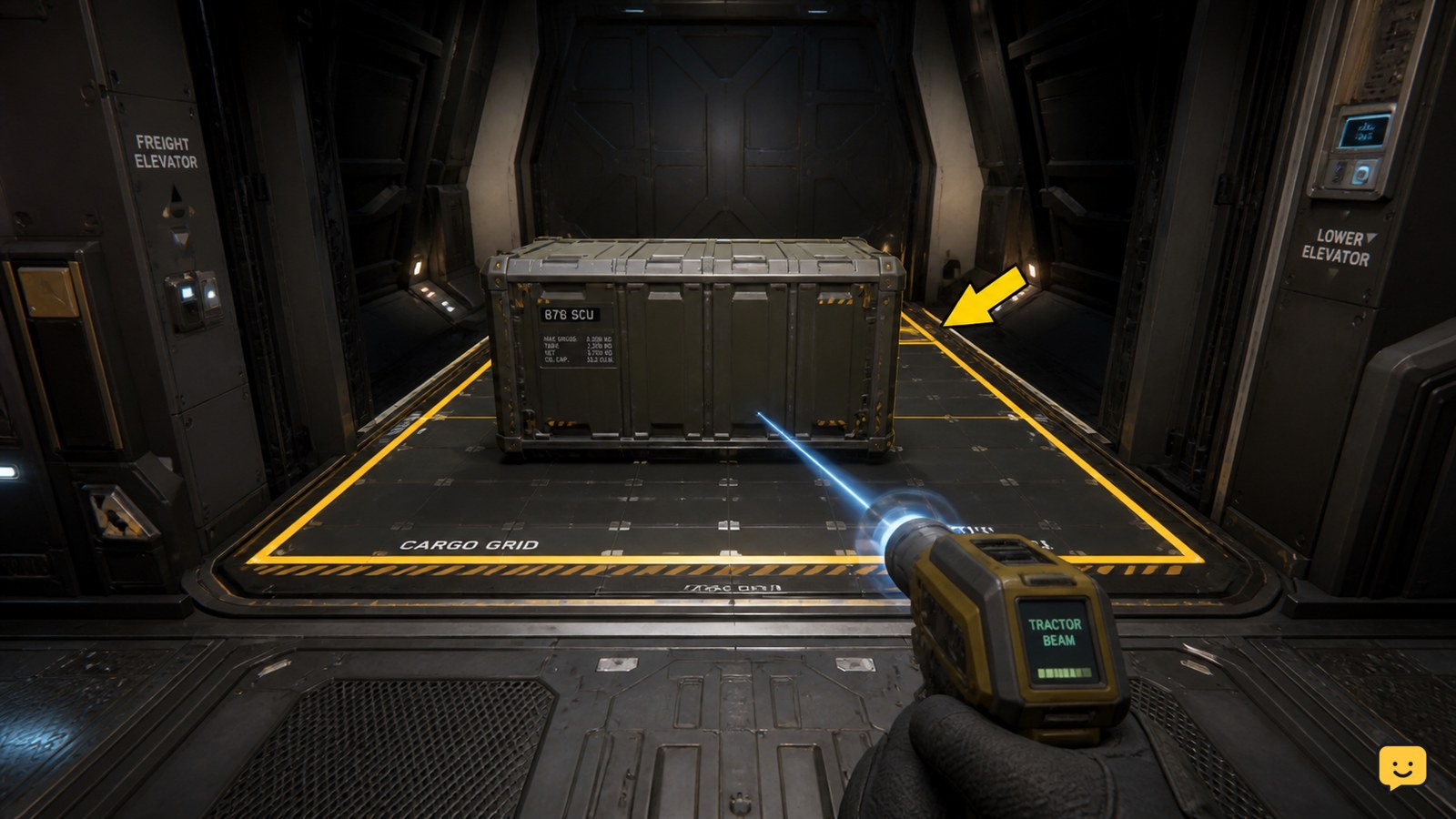 Star Citizen cargo container aligned on a receiving ship cargo grid with a tractor beam