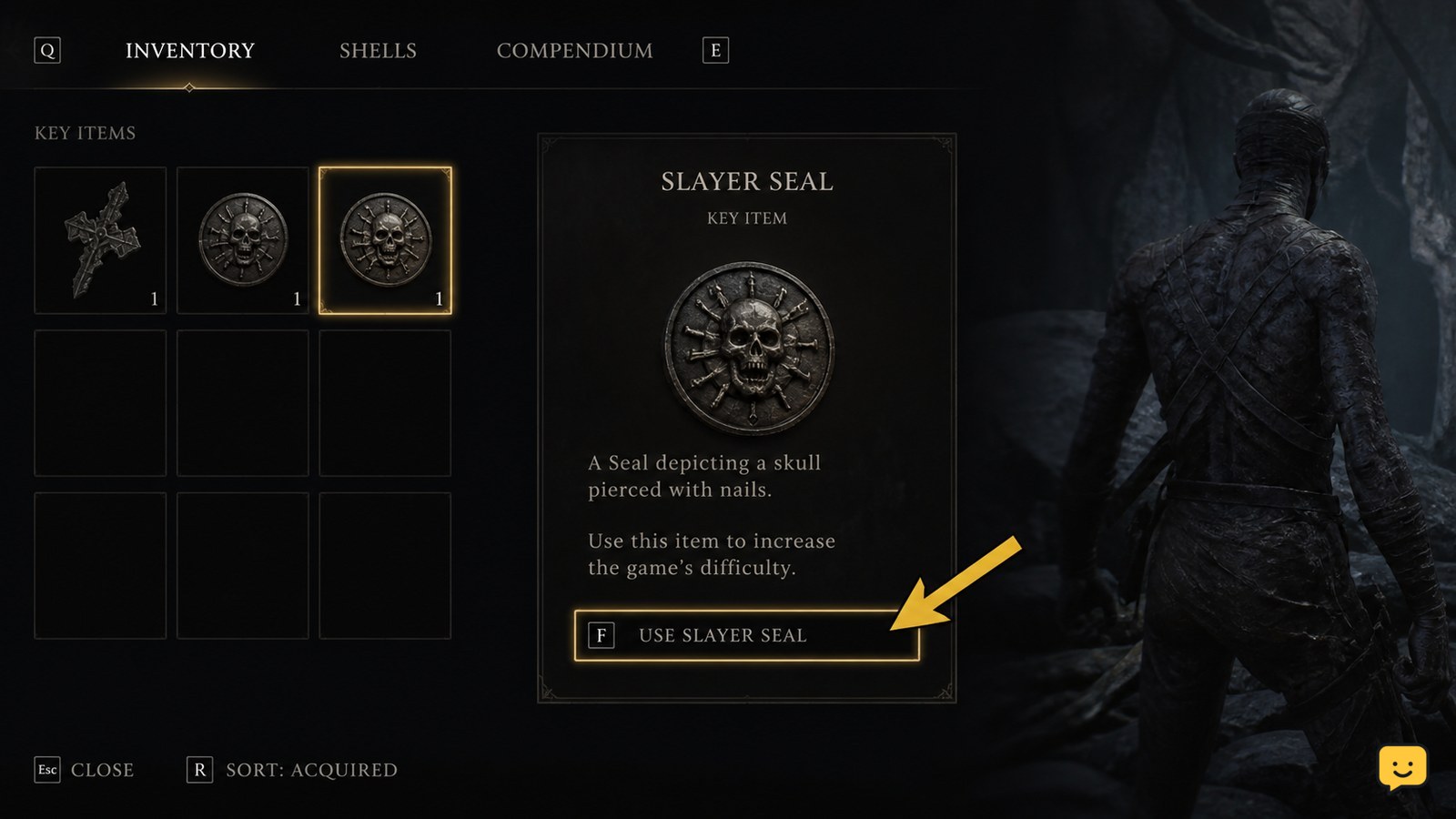 Mortal Shell II Slayer Seal selected in the inventory with its use prompt visible