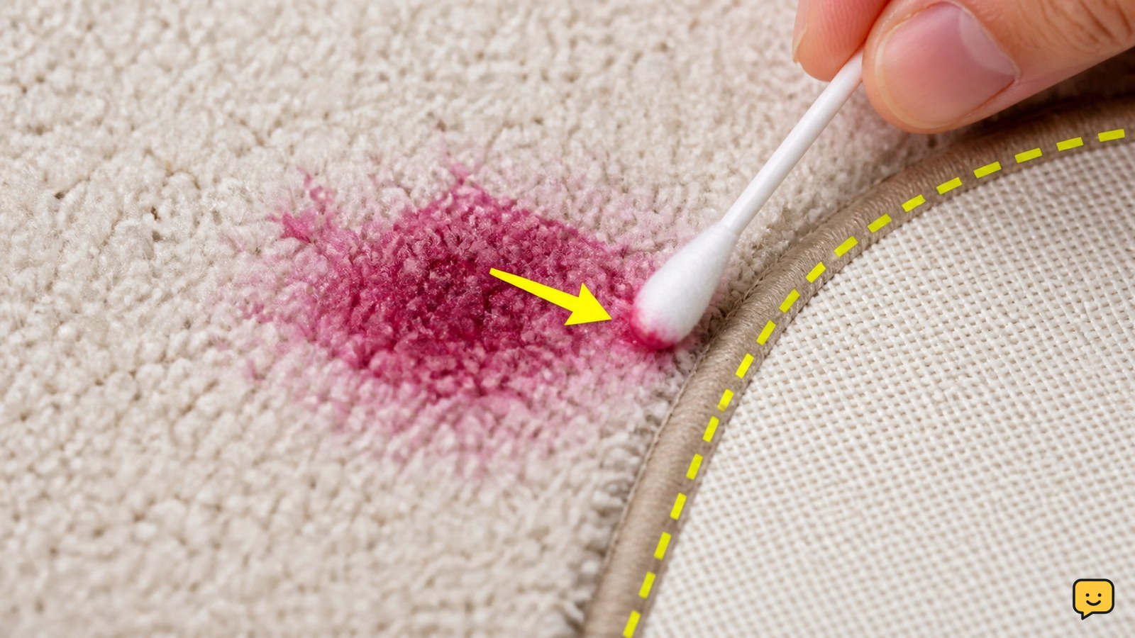 Close-up of a cotton swab dabbing the edge of a nail varnish stain on carpet while a dry backing boundary is indicated