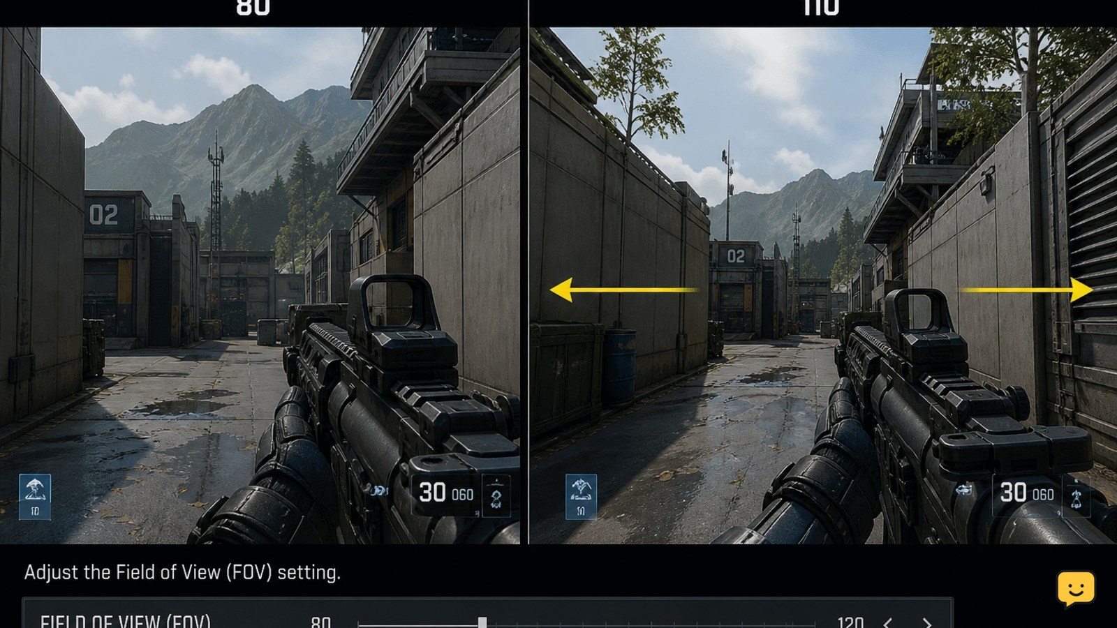 Black Ops 7 gameplay comparison showing narrower and wider field of view
