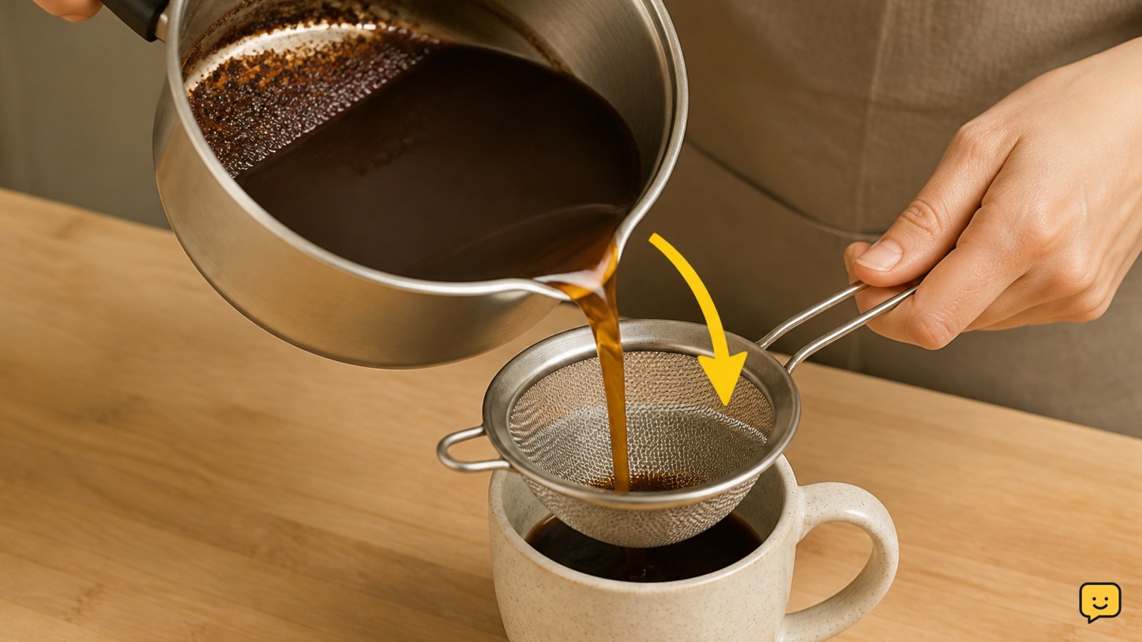 Hands pouring steeped coffee from a saucepan through a fine-mesh strainer into a cup