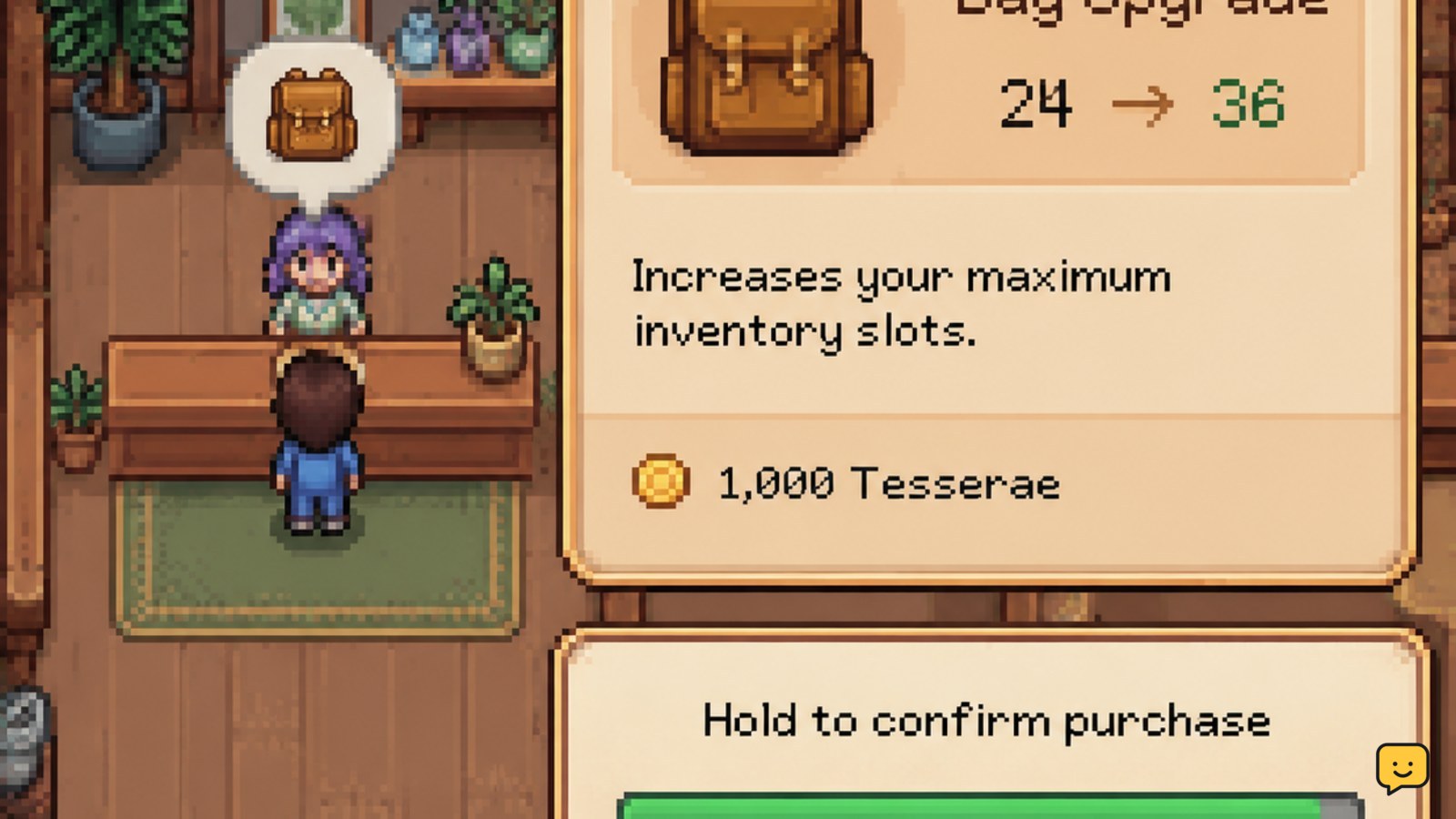 Fields of Mistria backpack display with the interaction progress bar nearly complete