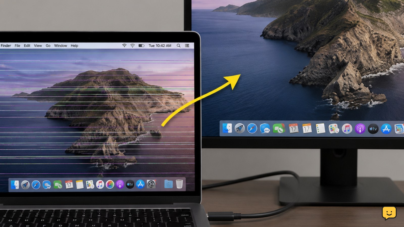 MacBook with lines on its built-in screen beside a clear external monitor during a display comparison test